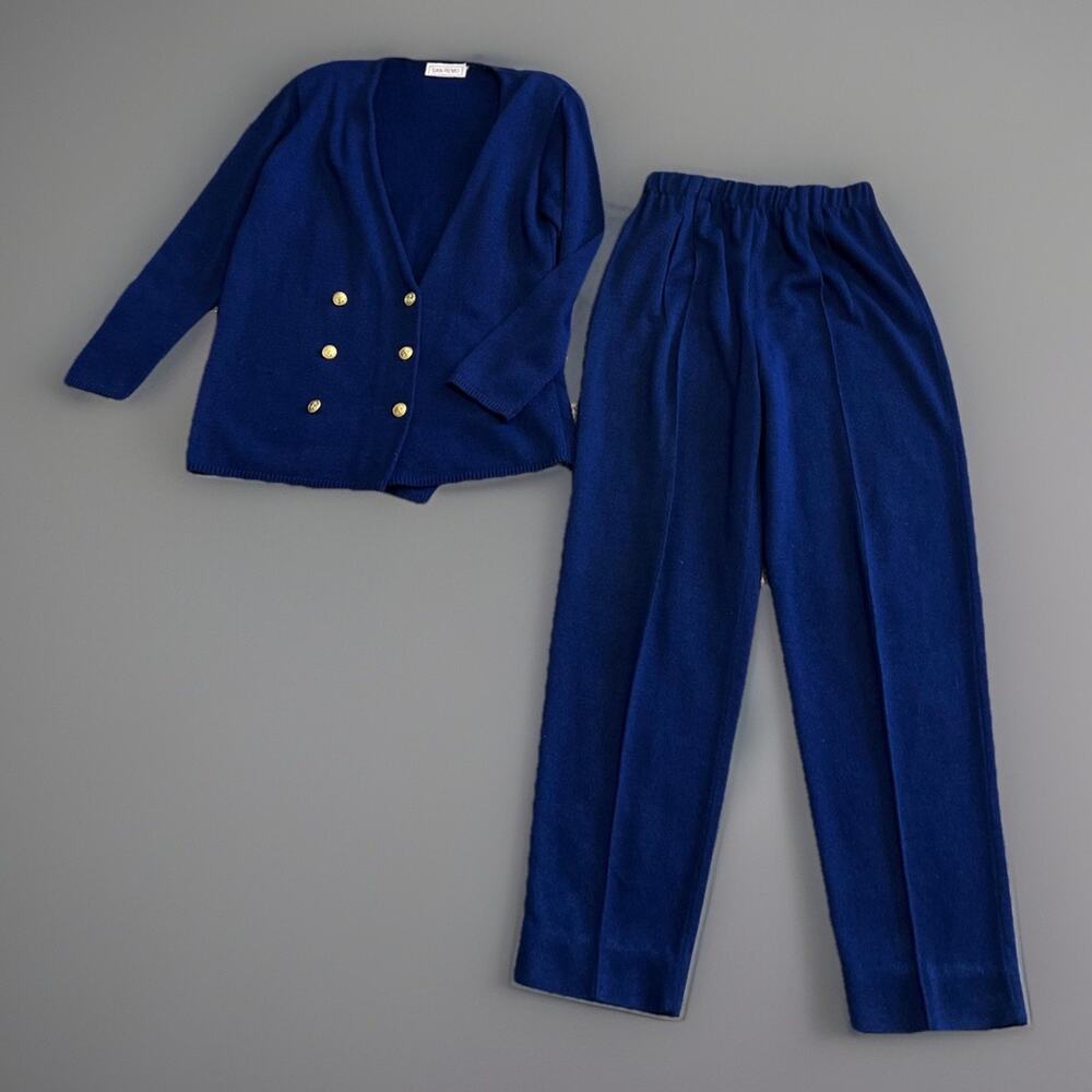 San Remo by Laura Knits Navy Blue Sweater and Pants Suit Set Small Vtg Nautical
